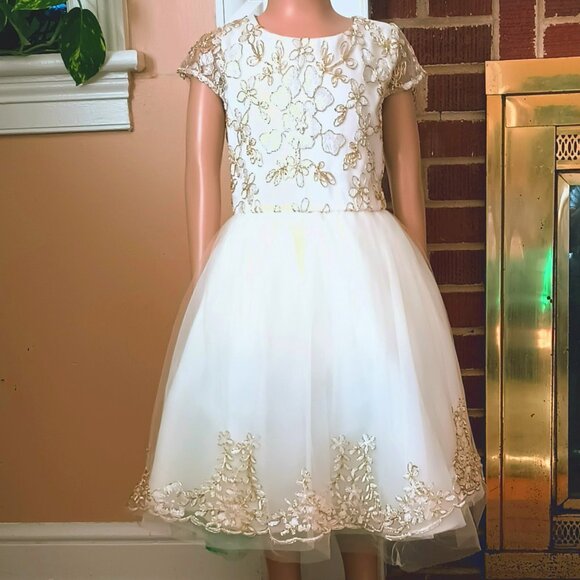 Rare Too Ivory Gold Beaded Dress 8 Formal Tulle with Cap Sleeves & Tan Sweater - Picture 1 of 12